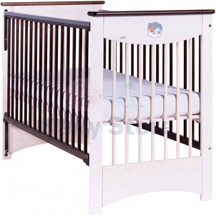 DREWEX Mocca Transparent White/Chocolate medinė kūdikio lovytė su nuleidžiamu šonu 120x60 cm