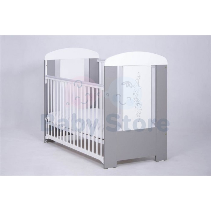 DREWEX Gwiazdki Silver/White medinė kūdikio lovytė su nuleidžiamu šonu 120x60 cm