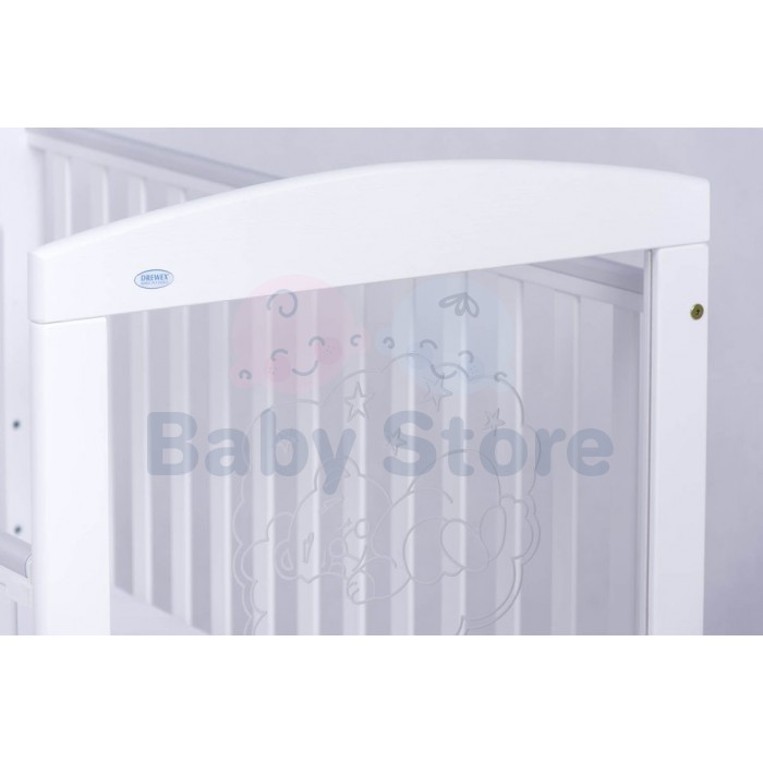 DREWEX Meškiukas ant debesėlio White medinė kūdikio lovytė su nuleidžiamu šonu 120x60 cm